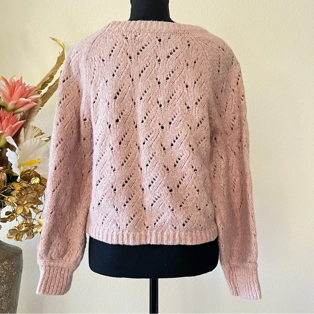 J. Crew Pointelle Crewneck Open Knit Pink Wool Sweater - Picture 3 of 8